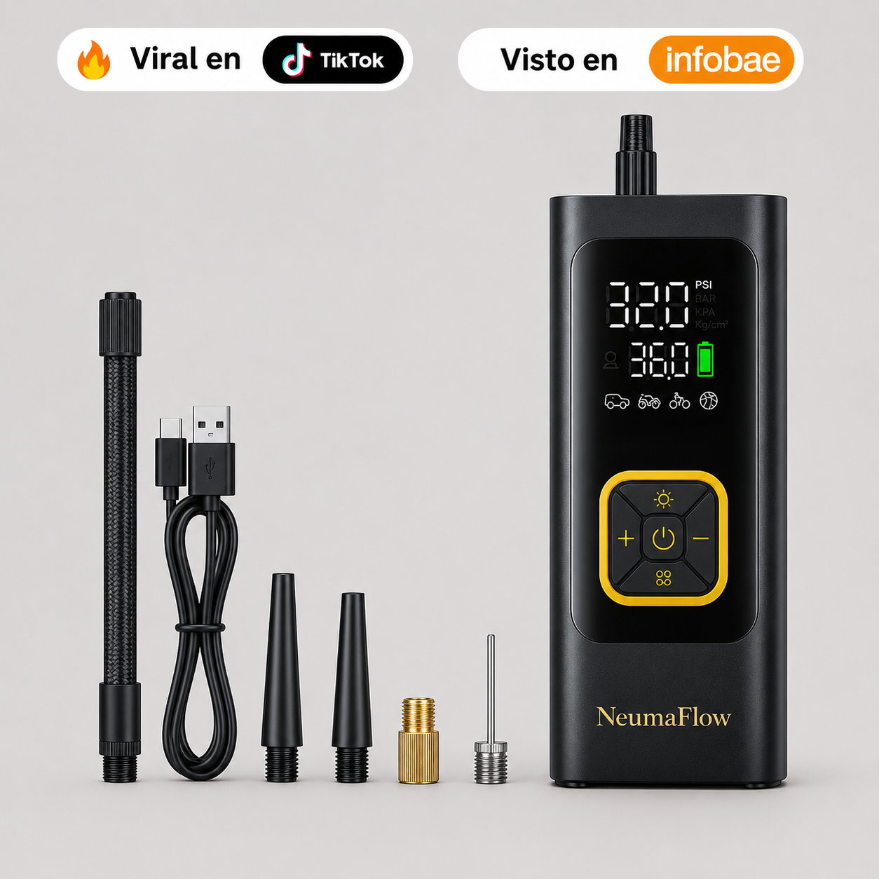 NeumaFlow Pro — Compresor Portátil 4 en 1 con accesorios
